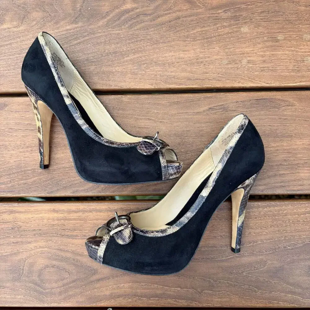 Boutique 9 Bubbles Black Suede & Snakeskin Print Leather Peep Toe Pumps Size 8